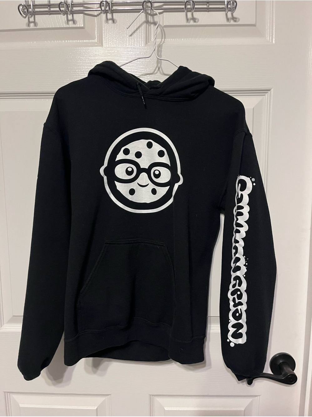 Nerdy Nummies Black Graphic Hoodie Sweater with White Cookie Face Print